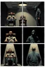 Placeholder: a page divided into 6 rectangular panels, each with different views of a man strapped to a chair and being interrogated by a man standing with a gas mask on, lower and higher perspectives, front and back, overhead light, suspenseful torture graphic novel, comic book