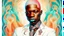 Placeholder: albino man with tattoo in the style of afrofuturism, wealthy portraiture, colorful, kimoicore, harlem renaissance, atmospheric, vibrant color washes