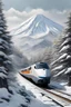 Placeholder: a bullet train speeding around a snowy mountain in Tokyo, matte painting, hyperdetailed, hyperrealistic, 4k, acrylic on canvas, bold lines