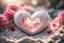 Placeholder: Double exposure, merged layers, cute chibi snowy heart and love, pink and red, made with concrete and driftwood and rare pearl and low voltage filament lit, in sunshine, white lace, burlap, waterfall, flowers, in sunshine, ethereal, cinematic postprocessing, bokeh, dof