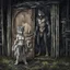 Placeholder: fantasy digital art of crying young female anthro wolf in gray hairy wolf body and wears just a short canvas rag around her waist , sadly crying face stands in the rain front the door, behind her an tall anthro dark hairy wolf man standing behind in rustic halb open door in an massive wooden house, deep colors, rainy day, detailed, anthropomorphic creatures, fantasy, sci-fi mood