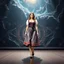 Placeholder: A full-body shot of a beautiful lady wearing german folk costum walking on a nice stage and looking at the camera 3D fractal interstellar world.