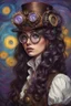 Placeholder: A girl with long, wavy dark brown hair, steampunk glasses on her head, purple eyes, dressed in steampunk clothes , Portrait of Van Gogh