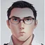 Placeholder: mysterious youthful Russan male, man, dark and intriguing, confident, intense, handsome, anime style, retroanime style, dark black very short hairs, white shirt, white paint background, glasses for vision, white man, The head looks straight ahead