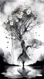 Placeholder: double exposure black and gray color Water color illustration with weet ink dry tree with fantasy flowers, profil face, deep dark , surreal, dramatic atmosphere. intricate, stunning textures , mystery. stunning illustration