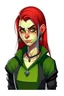 Placeholder: very smart half orc teenaged tomboy woman, shes strong and not pretty, her hair is dark red and mid length, she wears an earring and black clothing with green skin and pointed teeth, realistic style