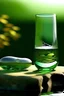 Placeholder: large and small glass on the stones, figure balanced, calming nerves, relaxation, green shades, abstract background