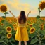 Placeholder: woman standing in sunflower field, back, windy, long brown hair, yellow dress