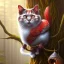 Placeholder: close up on almost invisible cat in a tree in magical forest,red bird in the background, fantasy book cover art