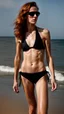 Placeholder: beautiful anorexic woman, full body shot, shiny black triathlon bikini, wavy bob haircut, photographed on the beach, raw, red hair