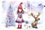 Placeholder: an enchanting illustration Watercolor, Alcohol Ink, Of little girl with short wind blown hair, knit hat with many strands of hair coming through her hat, tiny tinsel and beads through hair, silk lavender and pink dress, striped stockings, boots, stick tree with hanging ornaments from branches, scene is the girl hugging a moose with a red collar around his neck, snowflakes falling from the sky misty evergreen and birch tree background, Wintery Scape