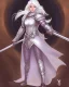 Placeholder: d&d character, female, cleric, cheerful, armor, white hair, gold eyes