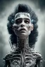 Placeholder: 4K Ultra-HD, Hyper realistic, cinematic lighting -- the bride of Frankenstein , short, bowl-cut black hair, dead eyes, Yellow skirt, blue blouse with short poofy sleeves, extremely pail skin, wilted Rose pedals, gloomy, foggy, Castle, Full body image -- 4k, stunning, dramatic lighting, dramatic background, cinematic, atmospheric, very detailed, historic, powerful, octane rendering, exquisite detail, 30 - megapixel, 4k, 85 - mm - lens, sharp - focus, intricately detailed