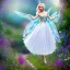 Placeholder: Fantasy fairy with transparent wings, smiling, make up, long platinum blond hair with crown and flowers, blue dress, flower background