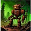 Placeholder: 90's fantasy tcg art of rusted post apocalyptic robot warrior in toxic ooze wasteland