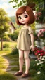 Placeholder: a 10 percent carton like child girl with realistic face and bob hair and makeup in pretty top and short tight and nice shoes,looking like a beautifull lady standing in country side next to country house with flowers,trees.