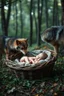 Placeholder: A baby sleeping in a basket in the middle of a forest . Two wolfs looking at the baby