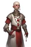 Placeholder: full length 22-year old, grey eyed, bald female human cleric with a necklace of red beads, wearing scale mail