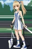 Placeholder: General Fast V2 (Flux), Create a realistic image of a female with long, straight blonde hair, the bangs cut straight across the forehead, hazel eyes, wearing a sleeveless, strapless, blue and white-striped nylon extremely short mini dress with a plunging neckline, knee high white socks and black converse tennis shoes, happy facial expression