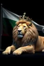 Placeholder: Create a highly detailed, hyper-realistic 3D-rendered image of a majestic lion lying down, wearing a royal crown. The lion's fur should be rich and textured, with a regal and powerful presence. Behind the lion, the flag of the Republic of Bulgaria(white, green,red) waves gracefully, its white, green, and red colors vivid and well-defined. The background should be an elegant, deep black, creating a striking contrast that enhances the grandeur of the lion and the flag. The lighting should be drama