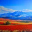 Placeholder: detailed, painted landscape with blue mountains in the background, blue sky, and red fields in the foreground