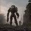 Placeholder: Giant hybrid human future armor, large tools digging up land dirt old buildings, army's heavy construction, lightening, fire, rebuild city destruction, workers molten metal