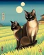 Placeholder: Two sister Oriental shorthair Siamese chocolate point cats" Asakusa Ricefields, Japanese Art Poster, in the style of Utagawa Hiroshige