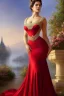 Placeholder: full body shot , beautiful and gorgerous duchess with incredible jewellery in 19th century clothing by Greg Rutkowski and Artgerm and Emile Vernon and Vladimir Volegov, in a red dress, mystical castle background, art illustration, natural beauty, muted colors, pastels, perfect fingers, higly detailed, expressive, high detail, symmetrical, digital painting, symmetrical eyes, dynamic lighting, artstation, cinematic lighting, intricate artwork, emitting diodes, smoke, artillery, sparks, racks, s