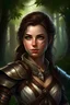 Placeholder: Portrait of an D&D rogue adventurer elve with brown eye color, brown hair, solo, pinup, wearing classic adventuring leatherarmor, realistic eyes, girl, solo, canvas painting, dark colors, realistic Rembrandt lighting, dark forest background