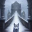 Placeholder: fantasy art, book cover, upper body of wizard in front of the ebony stairs of a bridge or dam ,icy water, on the bridge is a wolf, there is also a hawk