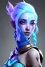 Placeholder: Create a Air Genasi Female with light blue skin and purple hair with etherial tendrals coming from behind her