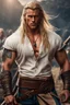 Placeholder: handsome viking warrior king, muscular, long blonde hair, male age 30, wearing jeans and a white button up shirt, tan skin, tattoos,photorealistic 4k modern fantasy