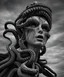 Placeholder: Eerie otherworldly madusa statue in white and black, magnificent, majestic, highly intricate, gigantic, derelict statue Realistic photography, incredibly detailed, ultra high resolution, 8k, complex 3d render, cinema 4d.