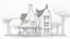 Placeholder: front elevation line drawing of a tall, narrow, warped fantasy house with a crooked chimney,