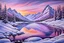 Placeholder: Winter landscape, frozen lake, snow, mountains, colorful pink, purple sunset, evening, realistic, professional award winning masterpiece, acrylic, detailed, realistic