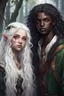 Placeholder: teenager girl with black skin and long snow-white hair next to a teenager girl with green eyes and blood-red curls, in the company of an elven teenager boy with long black hair