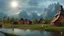 Placeholder: Looking across a torrential river to a village of new wooden houses, circular wooden church and farm buildings, and mountains in the far distance, highly detailed, realistic, sunshine, RTX