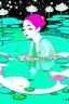 Placeholder: A green-haired woman with a peaceful expression lies at the bottom of the pool, with lotus flowers floating on the water, one big moon in the background, reflection, minimalist, animated artistic style, loose strokes, dynamic lighting, digital art, art by james jean, takato yamamoto, inkpunk minimalism
