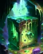 Placeholder: a slimy dripping gelatinous cube in vast dungeon cave room with treasure chests rpg art painterly