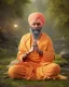 Placeholder: guru nanak dev ji wearing round saffron clothes, meditating and singing in the forests