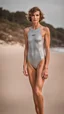 Placeholder: beautiful anorexic woman, standing frontal, short silver triathlon swimsuit, wavy bob haircut, photographed in front of beach, raw