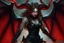 Placeholder: A female demonic being, pale skin, long brown hair, red eyes, long flaming horns, black leather outfit, bat-like wings, an air of malevolent power surrounds her, greg rutkowski, intricate details, dark modern setting, hyperrealistic