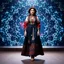 Placeholder: A full-body shot of a beautiful lady wearing azeri folk costum walking on a nice stage and looking at the camera 3D fractal interstellar world.