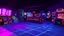 Placeholder: A dark photo of the corners of an 80's aesthetics arcade at night, with a lot of functioning arcade machines, a vaporwave floor and some colorful tiles in between the floor. Purple aesthetics.