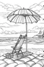 Placeholder: Outline art for coloring page, PICNIC BASKET ON A LONG BEACH TOWEL UNDER A TALL BEACH UMBRELLA ON A HAWAII BEACH, coloring page, white background, Sketch style, only use outline, clean line art, white background, no shadows, no shading, no color, clear