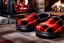 Placeholder: Red plaid slippers on black bearskin rug,log cabin walls, stone fireplace