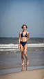 Placeholder: beautiful anorexic woman, standing frontal, full body shot, short shiny triathlon swimsuit, wavy bob haircut, photographed on the beach, raw, no shades