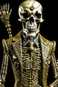 Placeholder: a skeleton in a suit holding a skull, with spikes, in the style of techno shamanism, made of wire, mixes realistic and fantastical elements, dracopunk, intricate costumes, splattered/dripped, close up