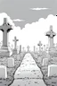 Placeholder: landscape, open air flat cemetery with thousand gravestones, manga style, grayscale