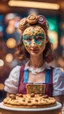 Placeholder: portrait of cute woman with cookie mask, baker of the highest many storied advanced art cake sculpture during a casino game show, bokeh like f/0.8, tilt-shift lens 8k, high detail, smooth render, down-light, unreal engine, prize winning